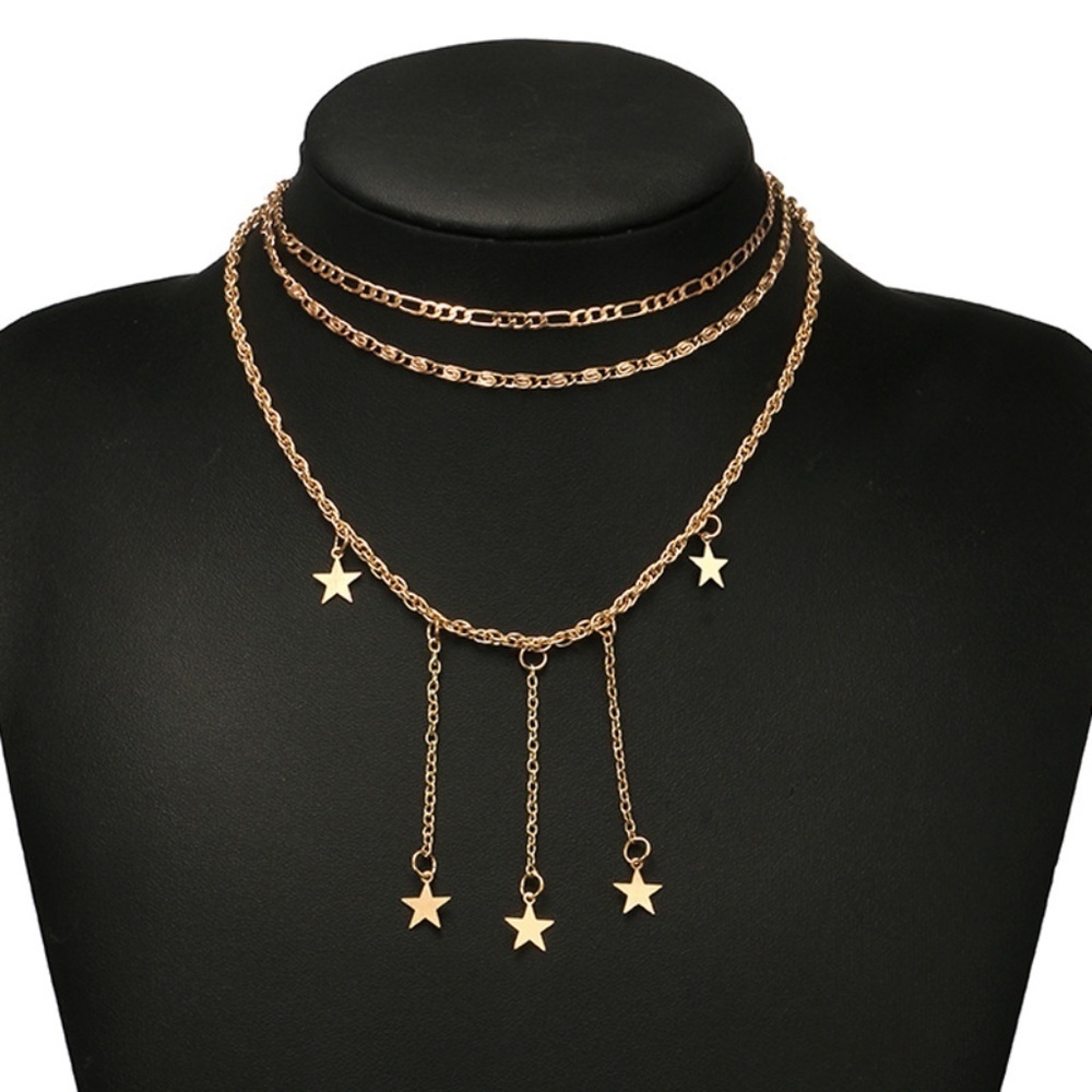 *ECHO* Gold Dangle Star Charm Layered Choker Necklace